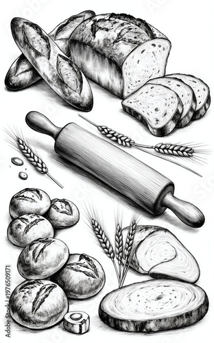 Bread wheat rolling pins and basket in a black-and-white sketch.