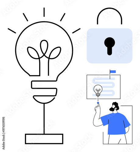 Data security, intellectual property, innovation, creativity, protection, technology, information privacy. A light bulb a lock and a person pointing to a document. Data security and intellectual