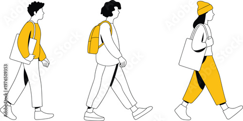 Young people walking with backpacks, modern casual fashion illustration, urban lifestyle concept, minimal line art, trendy outfit style, everyday movement