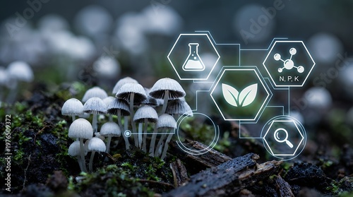Close up view of small white mushrooms growing in mossy soil with glowing digital science icons representing plant growth and chemical analysis fungi technology research NPK