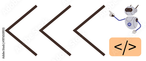 Technology, coding, web development, AI systems, machine learning, innovation. A robot pointing at a coding symbol with arrows, programming and AI systems. Technology and coding ion