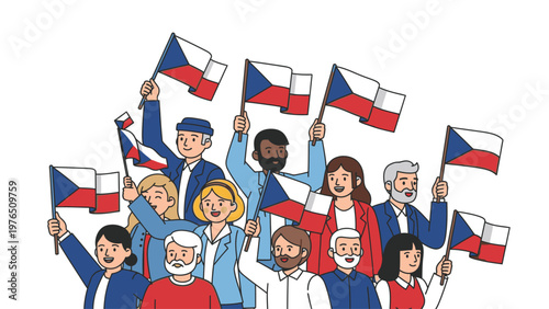 Diverse group of people waving Czech flags in celebration on a white background with a patriotic mood.
