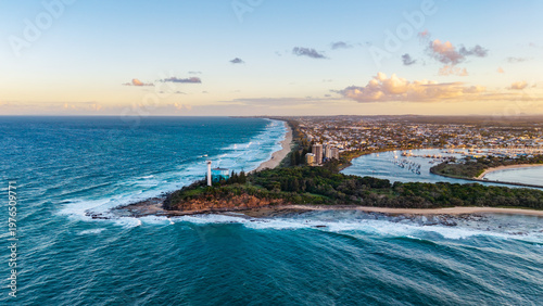 Stunning Aerial Panoramic of Point Cartwright Lighthouse, Mooloolah River, and Coastal Town on Queensland's Sunshine Coast at Sunset
