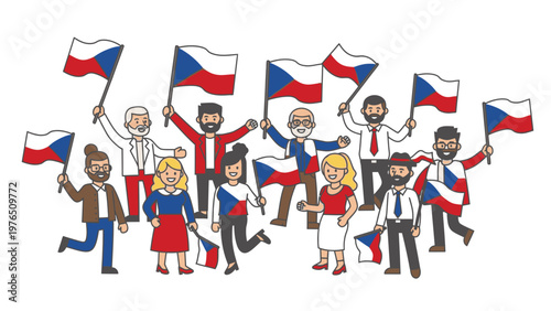 Diverse group of people waving Czech flags in celebration, illustration with vibrant colors on a white background.