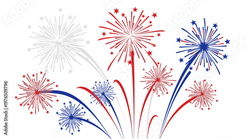 Colorful illustration of red, white, and blue fireworks exploding against a plain white background with a patriotic theme.