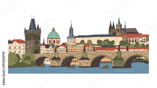 Illustration of a scenic cityscape with a historic stone bridge over a river, featuring various buildings and spires in a stylized, colorful depiction.