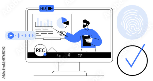Remote work, online education, data analysis, cybersecurity, presentation sharing, video conferencing. A man presenting graphs on a monitor with recording and security elements. Online education