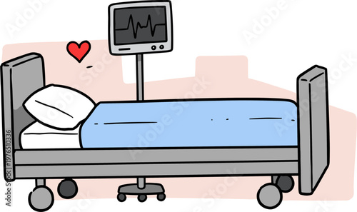 Illustration of a hospital bed with a blue sheet, white pillows, and a heart monitor on a light pink background, depicting a medical setting on a transparent background