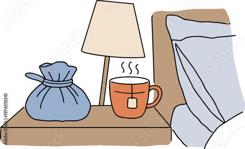 Cozy hand drawn setting with a tea cup, blue bag, and lamp on a wooden bedside table near a pillow against a black background, isolated on a transparent background