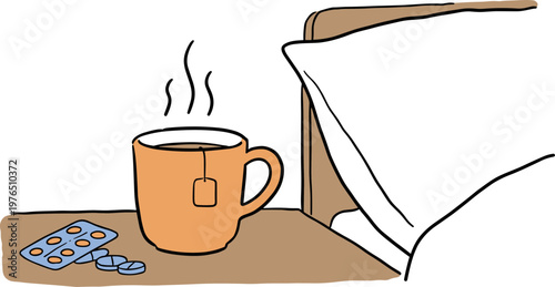 Tea cup with tea bag on bedside table beside a pillow, relaxing setting with medication, hand drawn style, isolated on a transparent background