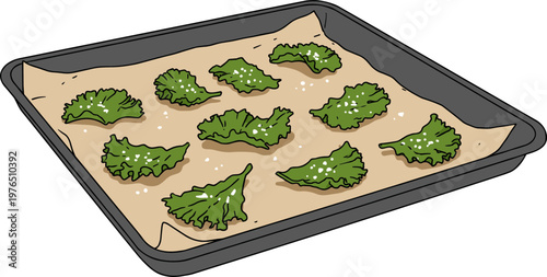 Freshly prepared kale chips on a baking tray lined with parchment paper, isolated on a transparent background for a hand drawn style illustration.