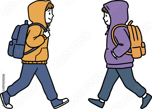 Two children walking side by side in colorful hoodies and backpacks on a transparent background, showcasing a playful, hand-drawn style illustration.