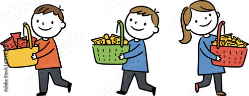 Three children carrying colorful shopping baskets filled with groceries, smiling, in a hand-drawn style on a transparent background