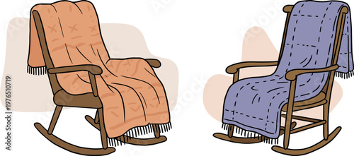 Two cozy rocking chairs with blankets in hand drawn style on a transparent background for comfort and relaxation in a homely setting