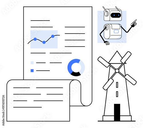Data science, renewable energy, automation, reports, sustainability, and AI integration. A digital chart, futuristic robot and windmill. Data science and renewable energy conceptualization