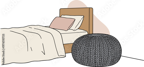 Cozy bedroom setting with a bed featuring a blanket, pillow, and a knitted pouf on a transparent background, hand drawn style and minimalist design elements