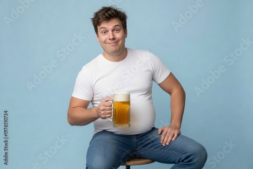 Man sits on a stool holding a large beer mug in a light blue setting during day time