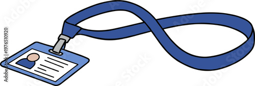 ID badge with a blue lanyard, simple hand-drawn style on a transparent background, representing identification in professional environments.