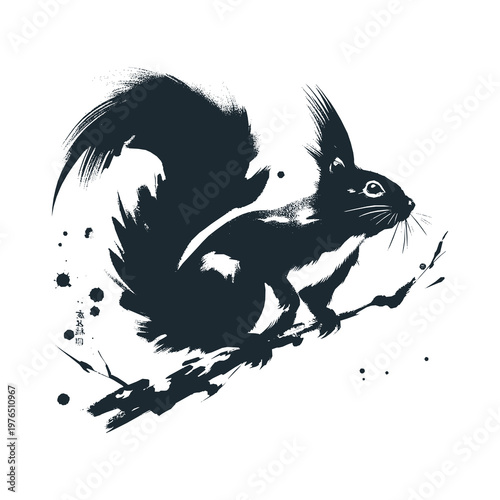 A squirrel. Black white Chinese brushstrokes style illustration.