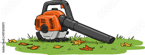 Leaf blower on the grass with fallen leaves, hand drawn style, isolated on a transparent background, outdoor setting, detailed illustration, autumn season