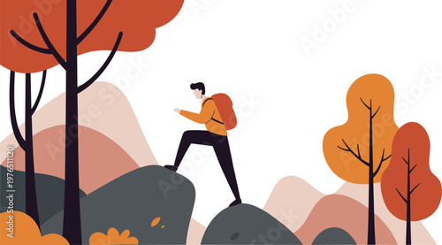 A young man hiking up a rocky trail among colorful autumn trees with a backpack in a hand drawn style on a transparent background