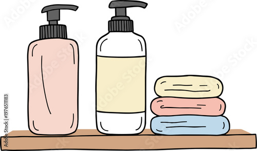 Hand drawn style skincare bottles and colorful towels arranged on a wooden shelf against a black background in a minimalist aesthetic