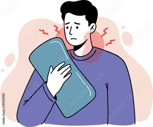 Worried young man holding a hot water bottle for pain relief at home in a hand drawn style with soft pastel background and visible expressions of discomfort.