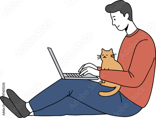 Young man working on laptop with orange cat sitting on his lap at home in a cozy atmosphere on a transparent background, hand drawn style