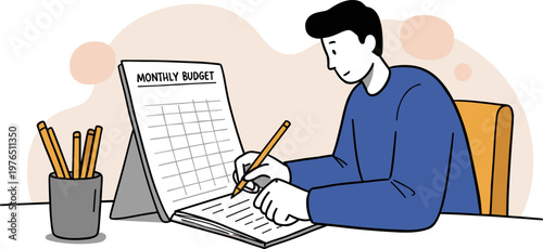Young man working on monthly budget in hand drawn style at a desk with notebook and pencil, on a transparent background
