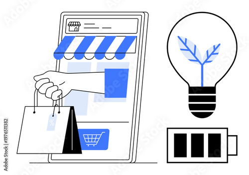 E-commerce, online shopping, eco-conscious business, sustainability, renewable energy, digital innovation. A shopping bag from a smartphone, lightbulb with plant battery icon. E-commerce
