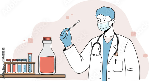 Doctor in a lab coat holding a test tube of blood while standing next to vials in a hand drawn style on a transparent background