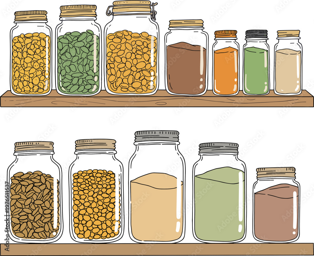 Fototapeta Glass jars filled with seeds and spices on wooden shelf, colorful contents isolated on a transparent background, hand drawn style illustration.
