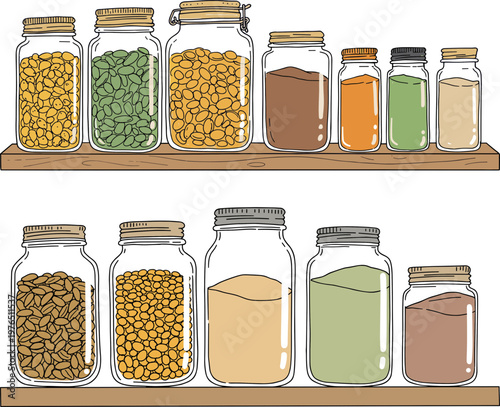 Glass jars filled with seeds and spices on wooden shelf, colorful contents isolated on a transparent background, hand drawn style illustration.