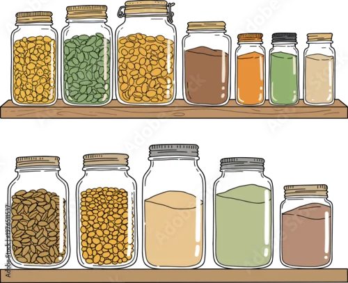 Naklejka Glass jars filled with seeds and spices on wooden shelf, colorful contents isolated on a transparent background, hand drawn style illustration.
