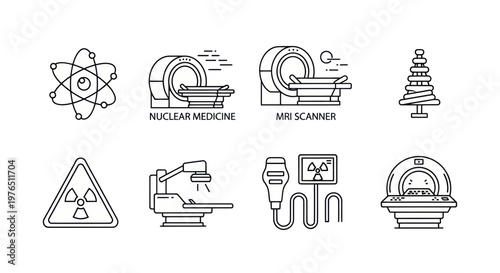 Medical Imaging Icons: MRI, Nuclear Medicine, Radiation, Atom Symbol