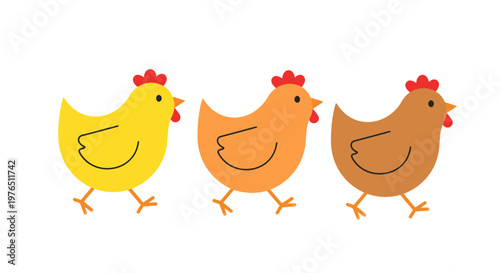 Three cartoon chickens walking in a row, yellow, orange, and brown on white background