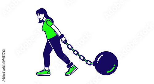 Woman pulling heavy ball and chain, symbolizing burden and struggle