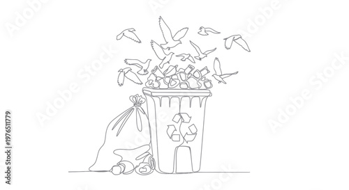 Принти на полотні Birds flying from overflowing trash bin and garbage bag, single line drawing