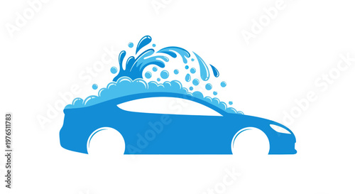 Blue Car Wash Service Icon with Water Splashes and Soap Bubbles