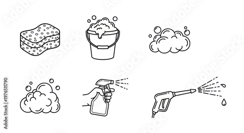 Car Wash Icons: Sponge, Bucket, Foam, Sprayer, Pressure Washer