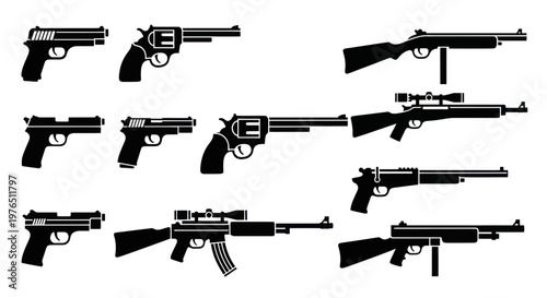 Collection of weapon silhouettes: pistols, revolvers, rifles, and shotguns