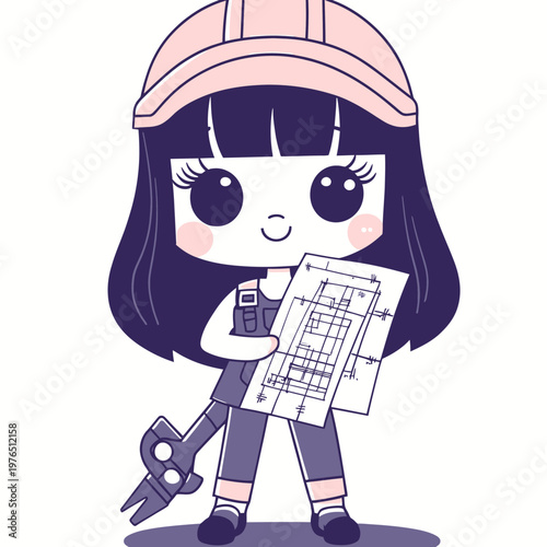 A cute cartoon female engineer with a hard hat, overalls, blueprints, and tool