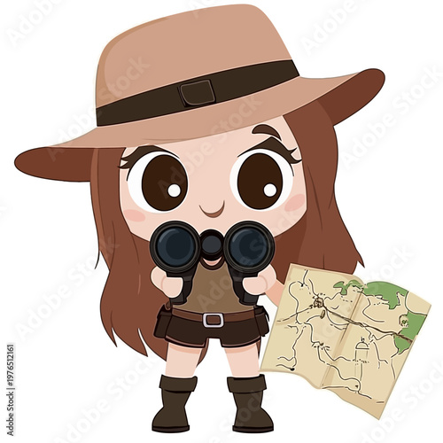 Cute cartoon of a person with binoculars, map, hat and shorts, ready for exploration