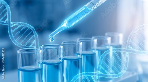 A scientific pipette dispenses a blue liquid into test tubes containing blue liquid with glowing DNA helix structures surrounding the lab equipment in a close up shot science