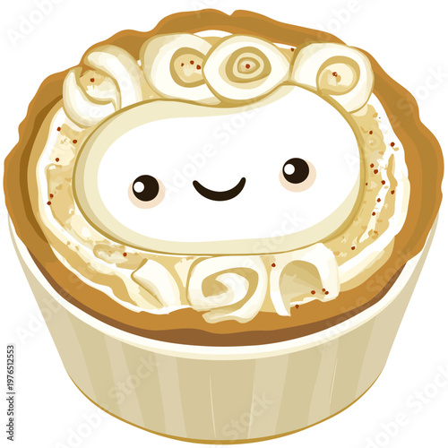 Cute illustration of a baked good with a smiling face made of cream in a circular, creamy dessert