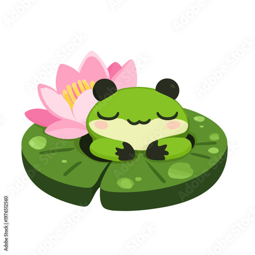 Cartoon illustration featuring a serene frog resting on a lily pad with a pink water lily