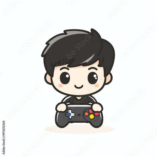 A cute cartoon figure with black hair and a controller, a gamer in a simplistic design