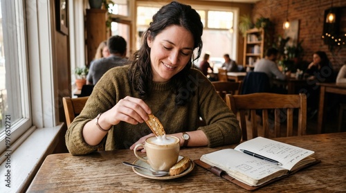 A woman dipping a biscotti into a foamy latte, with a small notebook and pen beside her