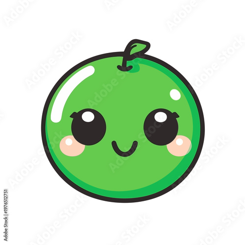 Cartoon-style green fruit with big black eyes, rosy cheeks, a curved smile, and a little leaf