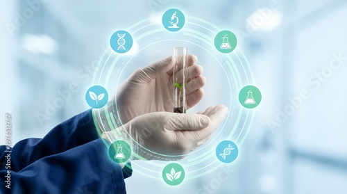 Scientist in white gloves carefully holding a test tube with a green sprout and surrounded by glowing circular icons representing scientific research and biotechnology science